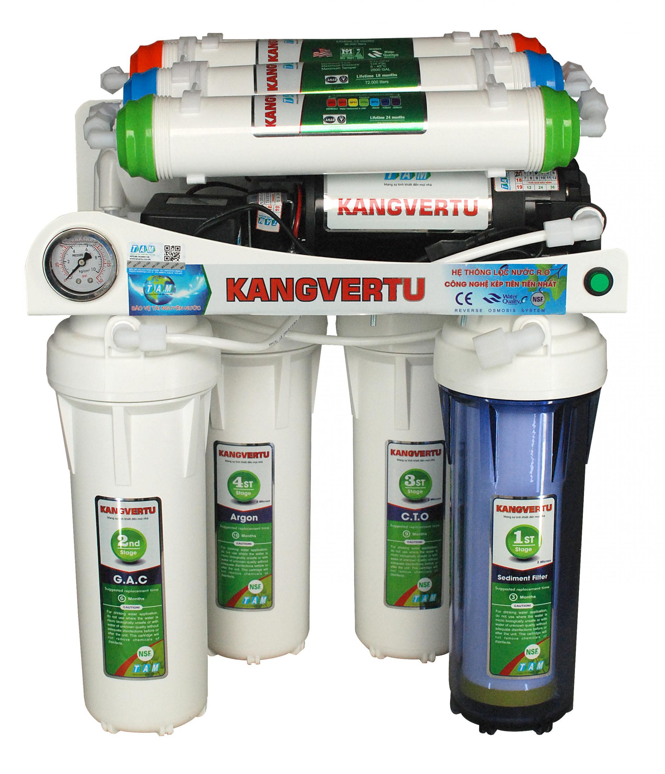 Hệ thống lõi và cốc lọc của Máy lọc nước R.O Kangvertu 9 lõi